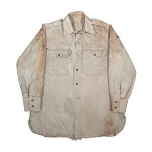 True Vintage Tan Military Style Tan Button Up Shirt Thrashed Distressed Small